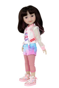 Hanna wearing a colorful outfit with a pink jacket and blue pants on a white background