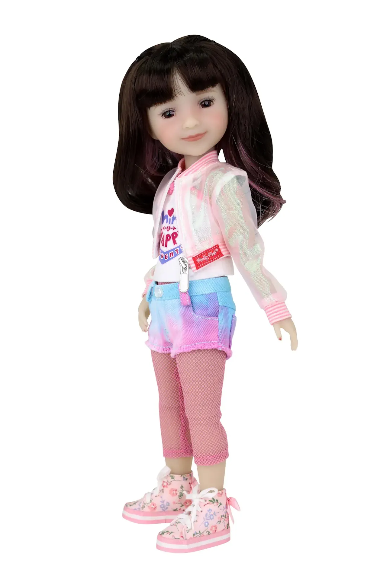 Hanna wearing a colorful outfit with a pink jacket and blue pants on a white background