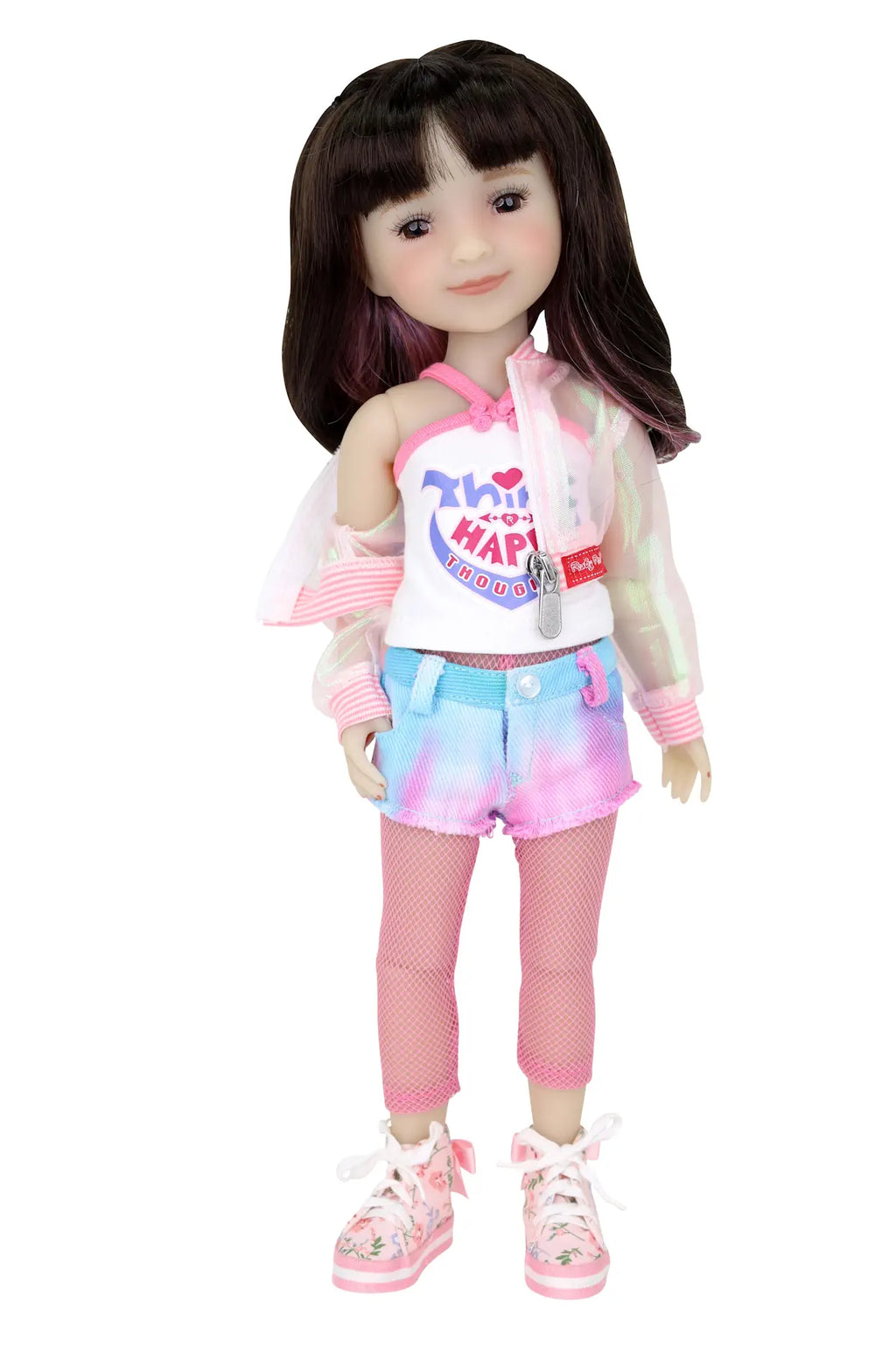 Hanna doll with long brown hair wearing sheer pink jacket, white tank, tie-dye shorts, fishnet tights, and floral sneakers.