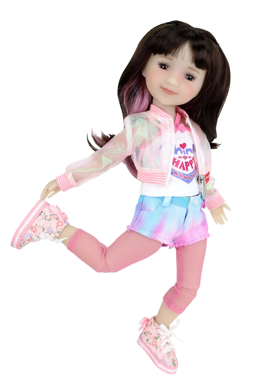 Hanna jumps with one leg raised in a sheer jacket, white tank, tie-dye shorts,  fishnet tights, and floral sneakers.