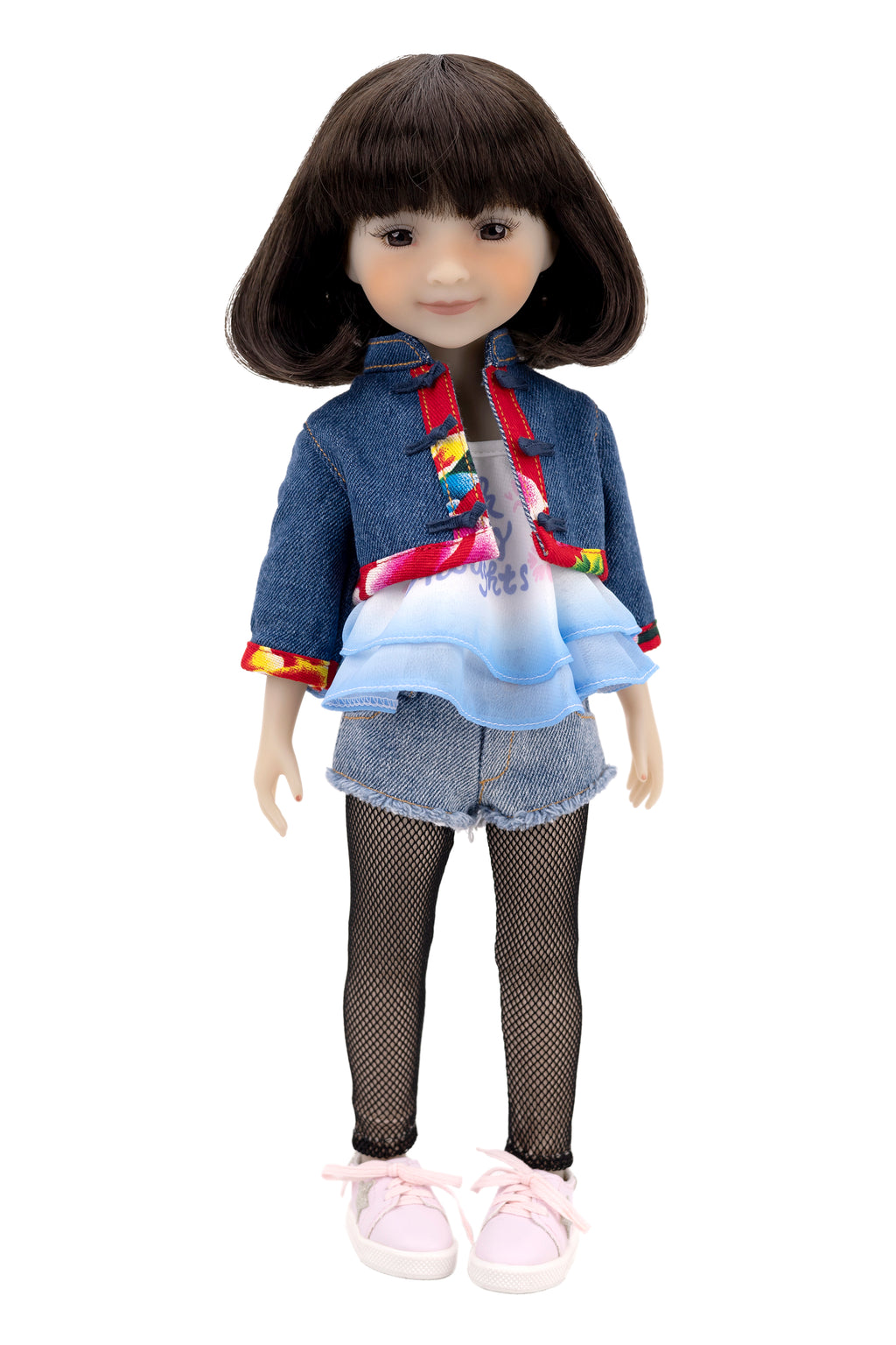 Hanna wearing a denim outfit with a white background