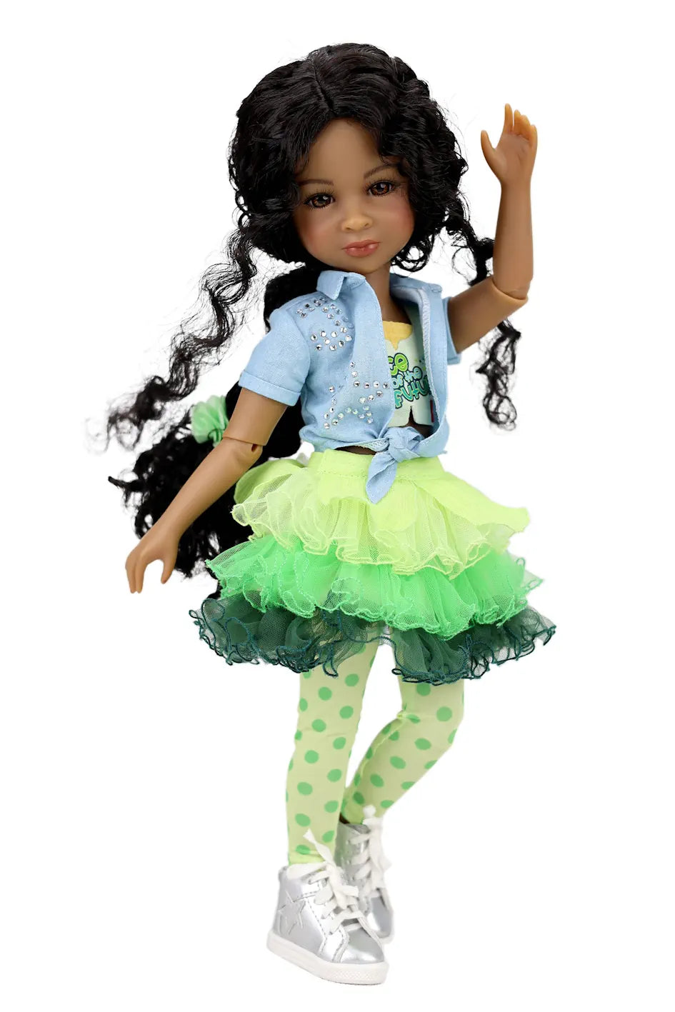 Jada with green and yellow outfit on a white background