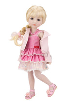 Karina in a pink dress with a matching jacket on a white background