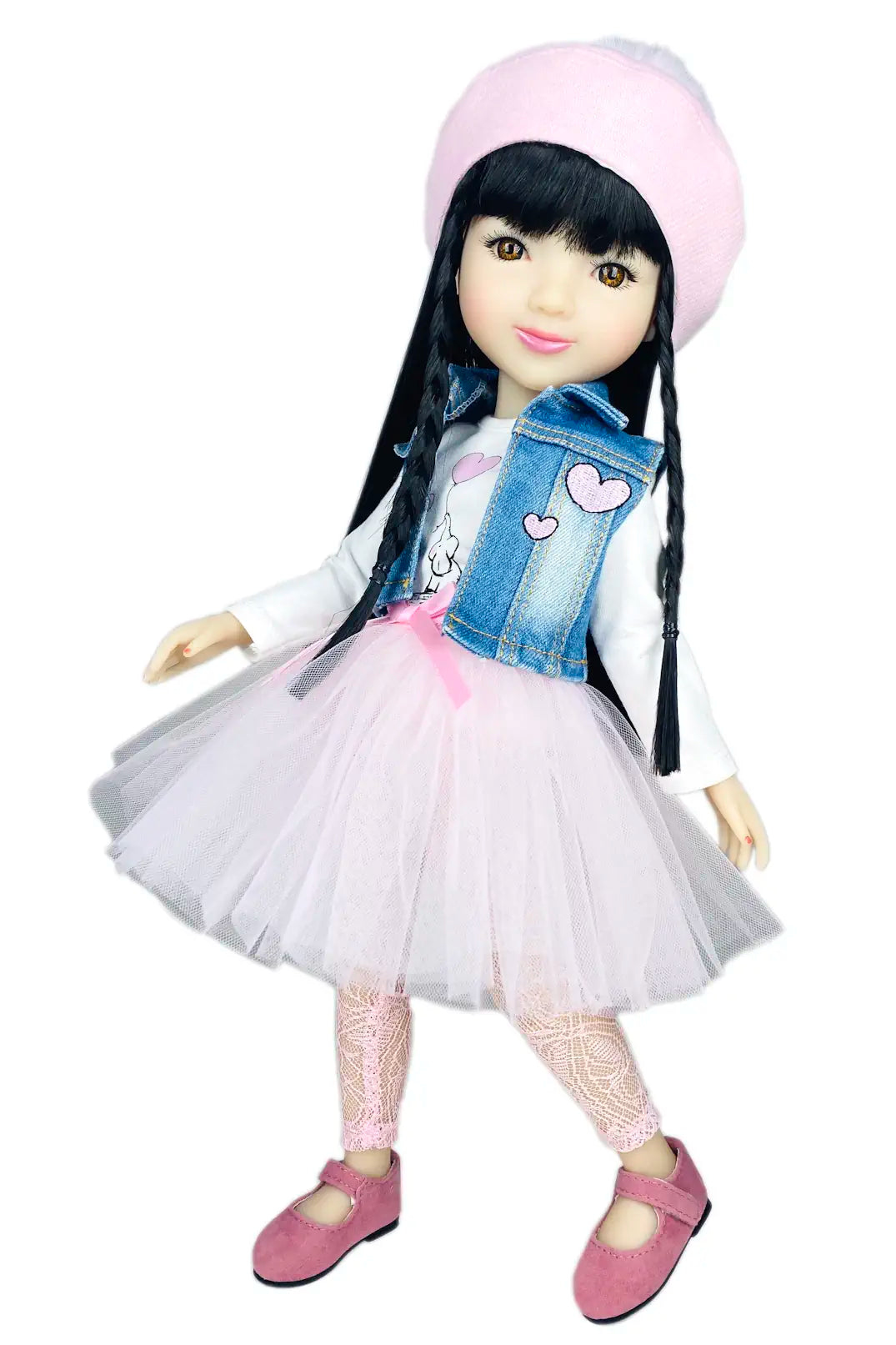 Lila with long black hair, white dress, denim jacket, and pink shoes on a white background