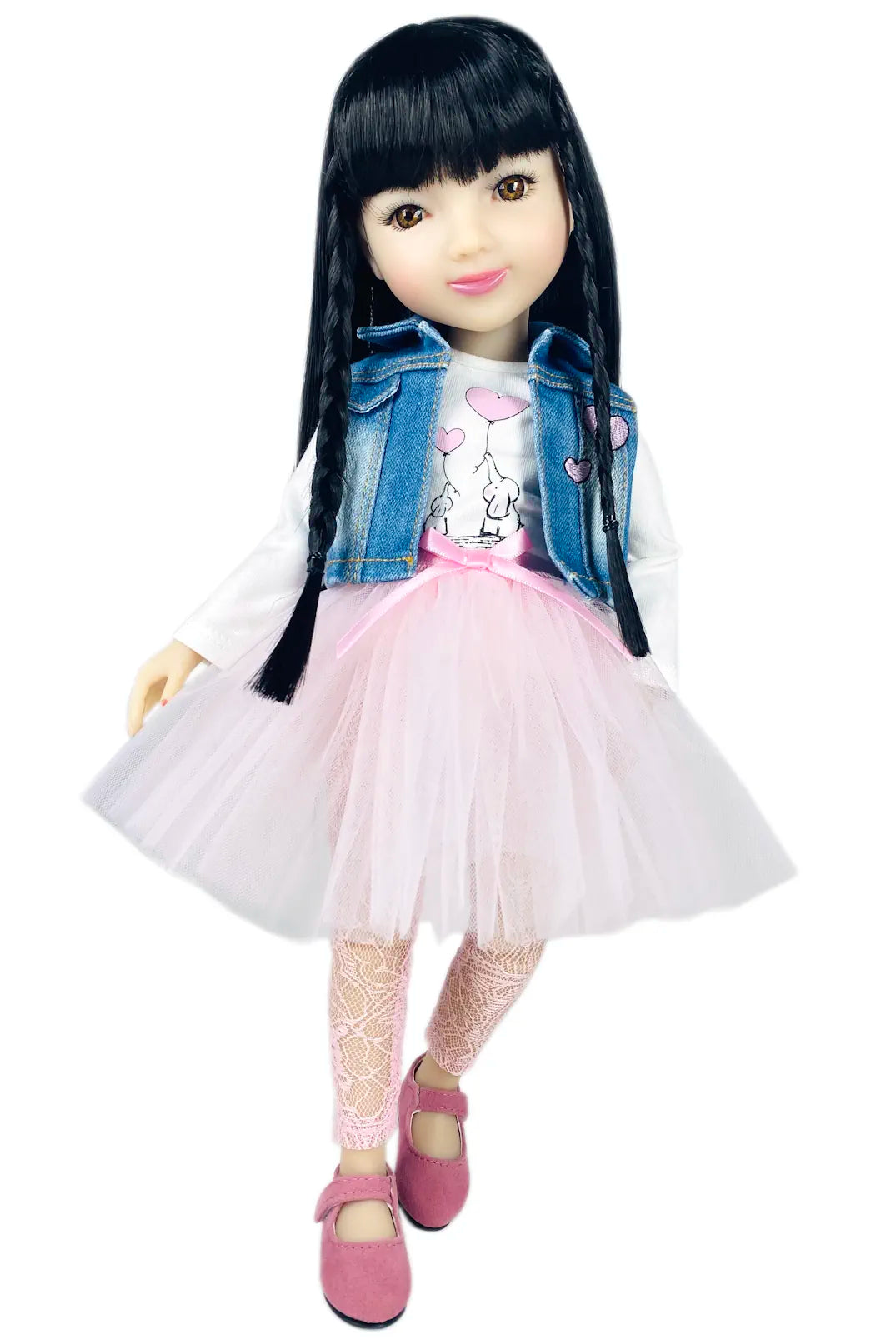 Lila with long black hair wearing a denim jacket, white shirt with pink design, and pink skirt on a white background