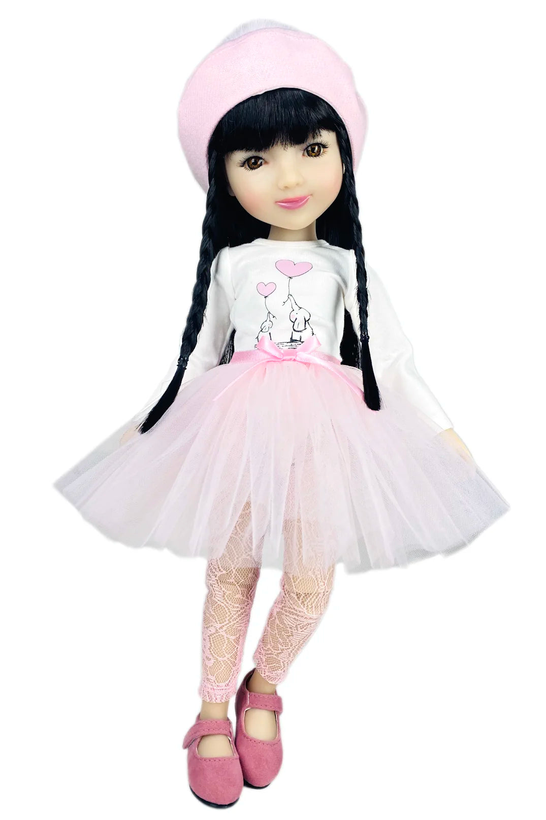 Lila with long black hair, white dress with pink accents, and pink shoes on a white background