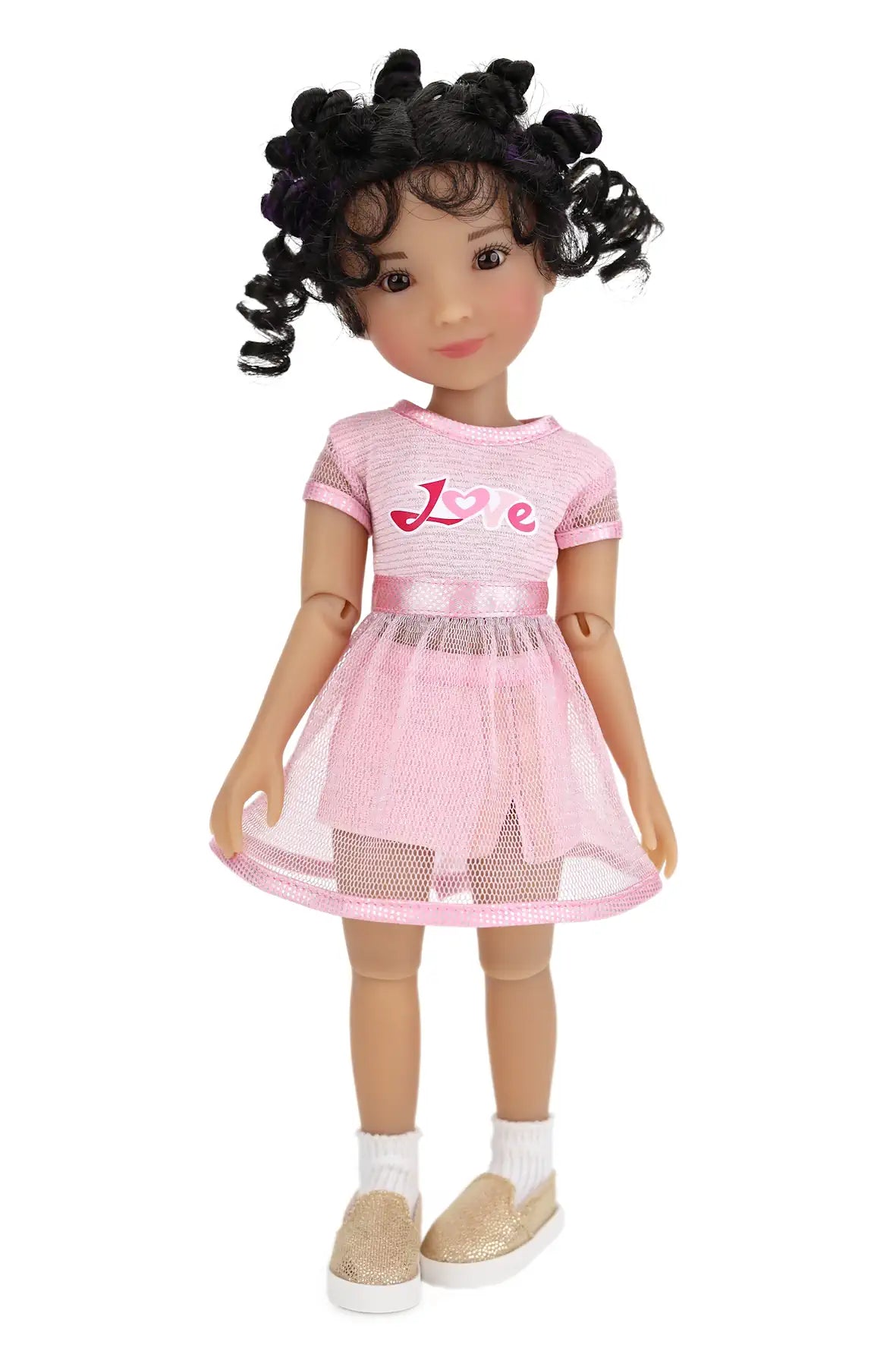 Minnie wearing a pink dress with 'Love' on a white background