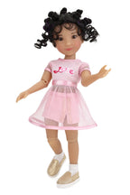 Minnie wearing a pink dress with 'Love' printed on it against a white background