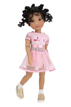Minnie wearing a pink dress with 'Love' printed on it against a white background