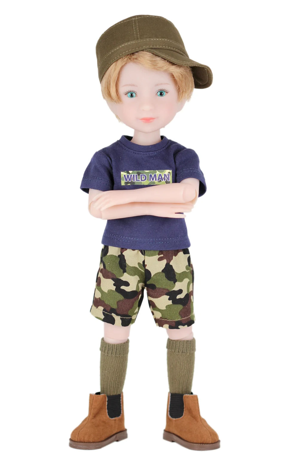 Rory wearing a blue shirt text, camouflage shorts, and brown boots on a white background