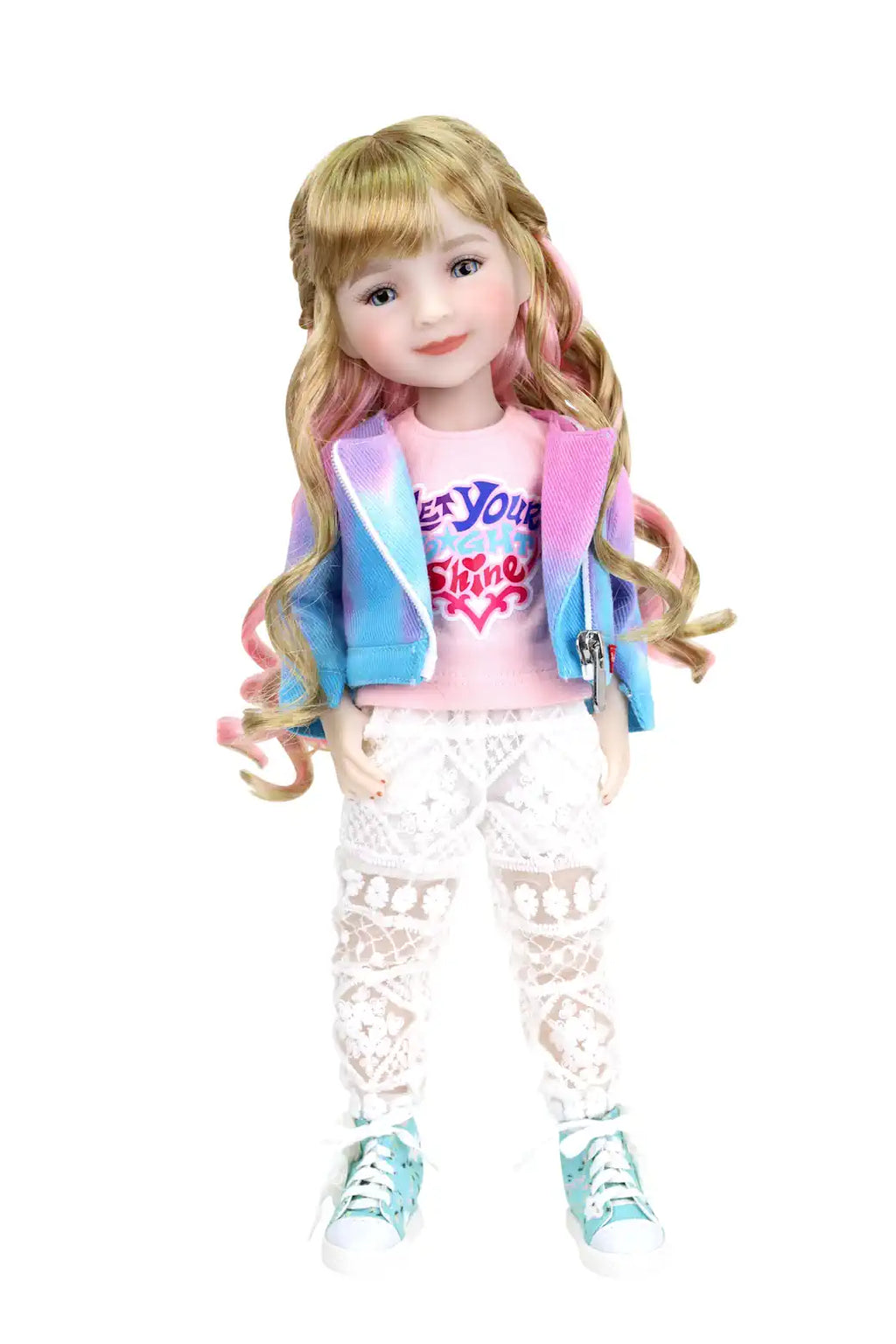 Sara, blonde hair with pink highlights, in pink T-shirt, tie-dye jacket, lace leggings, blue sneakers, white background, white background.