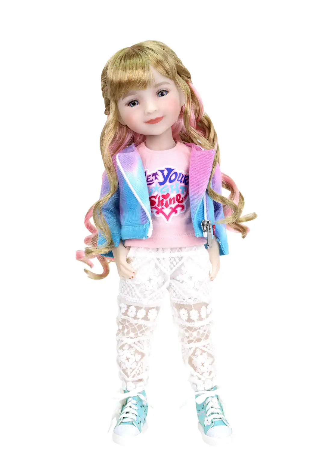 Sara, blonde hair with pink highlights, in pink T-shirt, tie-dye jacket, lace leggings, blue sneakers, white background, white background.