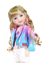 Sara, blonde hair with pink highlights, in pink T-shirt, tie-dye jacket, lace leggings, hand in pocket, white background.