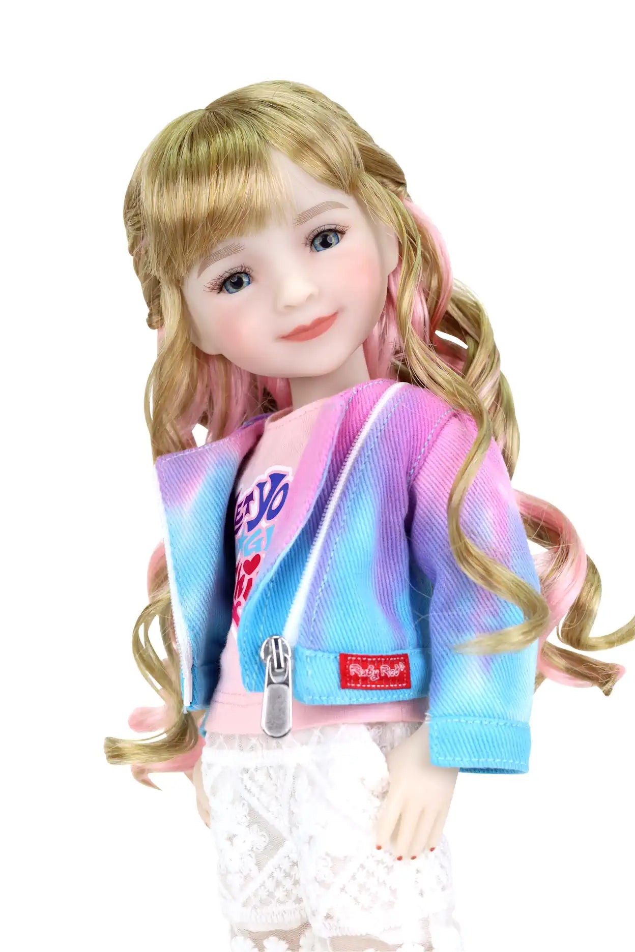 Sara, blonde hair with pink highlights, in pink T-shirt, tie-dye jacket, lace leggings, hand in pocket, white background.