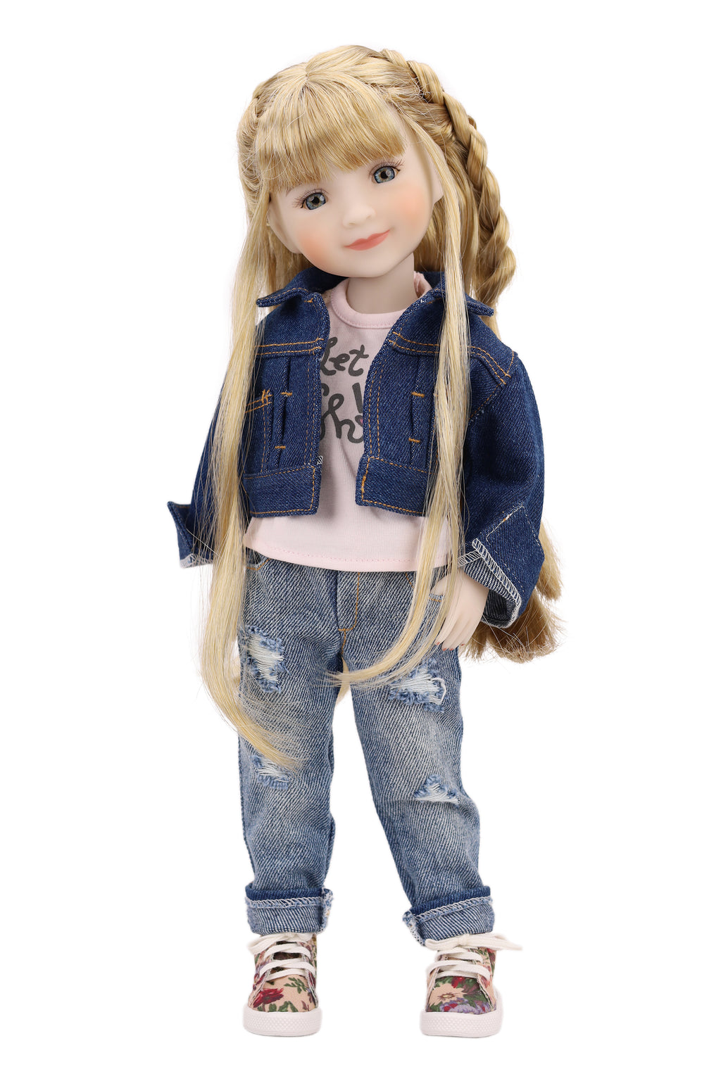 Sara wearing a denim outfit with a white background