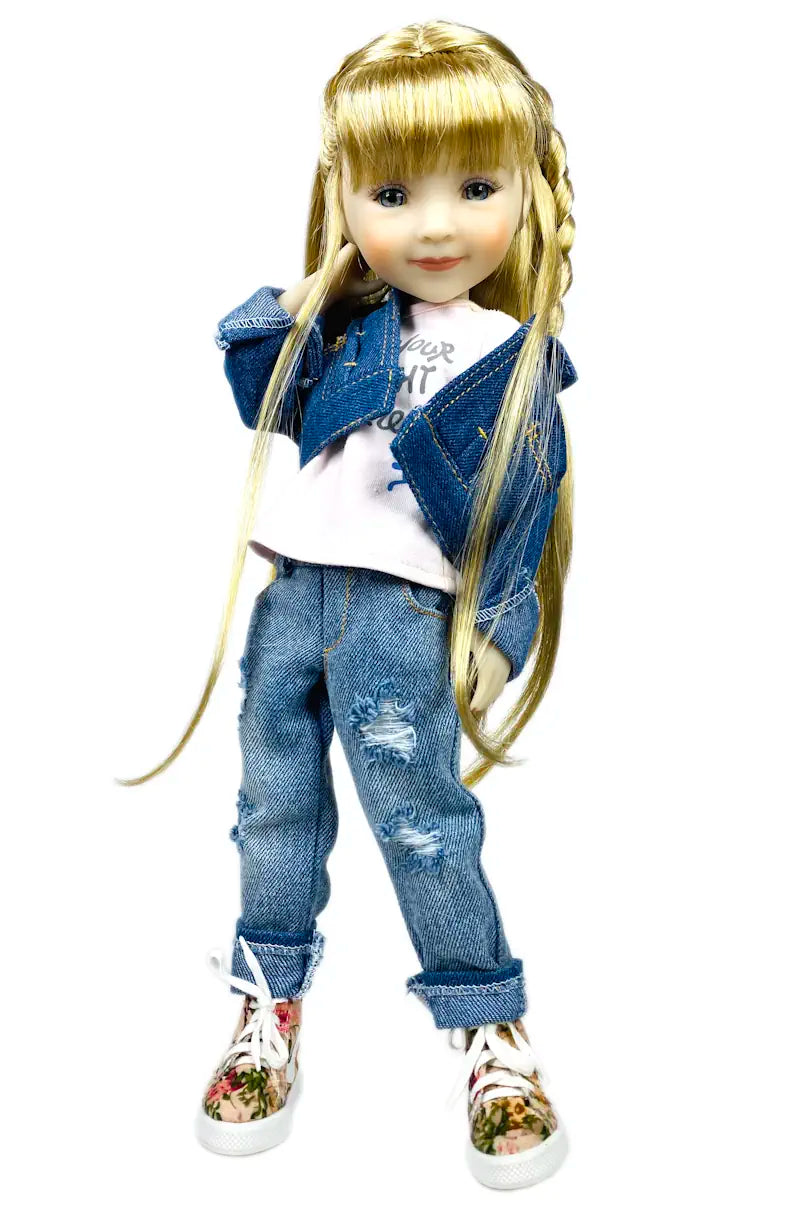 Sara wearing a denim outfit with a white shirt on a white background