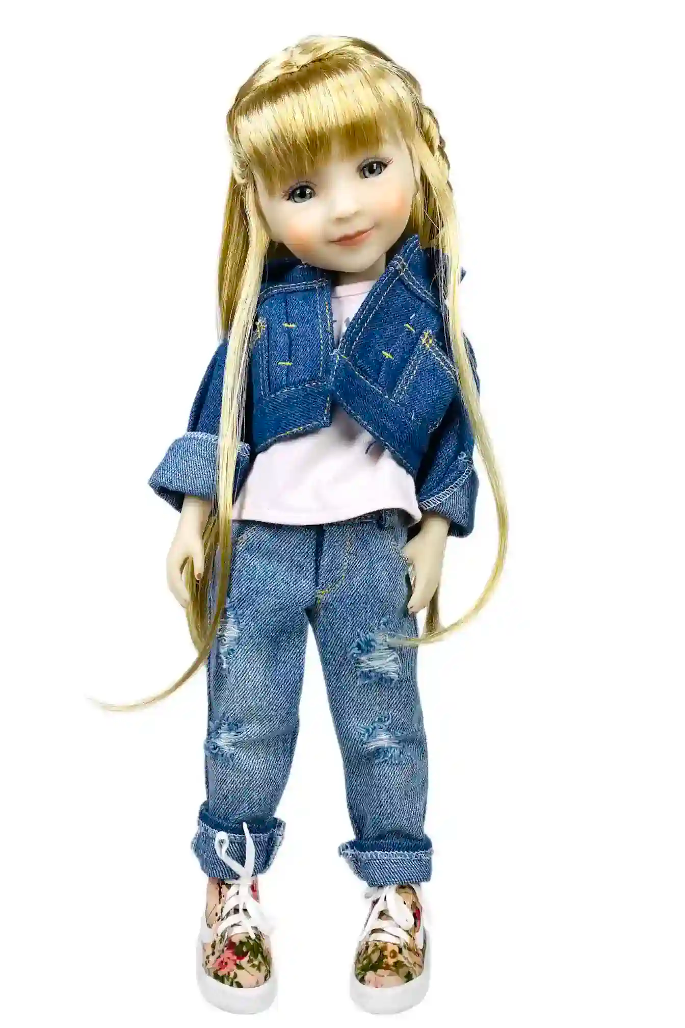 Sara wearing a denim outfit with a white background