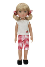 Summer, a doll with blonde pigtails and checkered bows, stands in a white top, checkered capri pants, and black shoes.