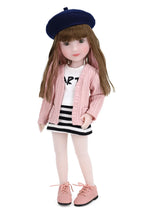 Sunny wearing a pink jacket, striped skirt, and beret on a white background