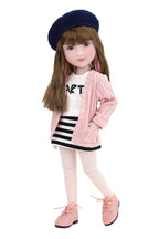 Sunny wearing a pink outfit with a white shirt, striped skirt, and navy beret on a white background