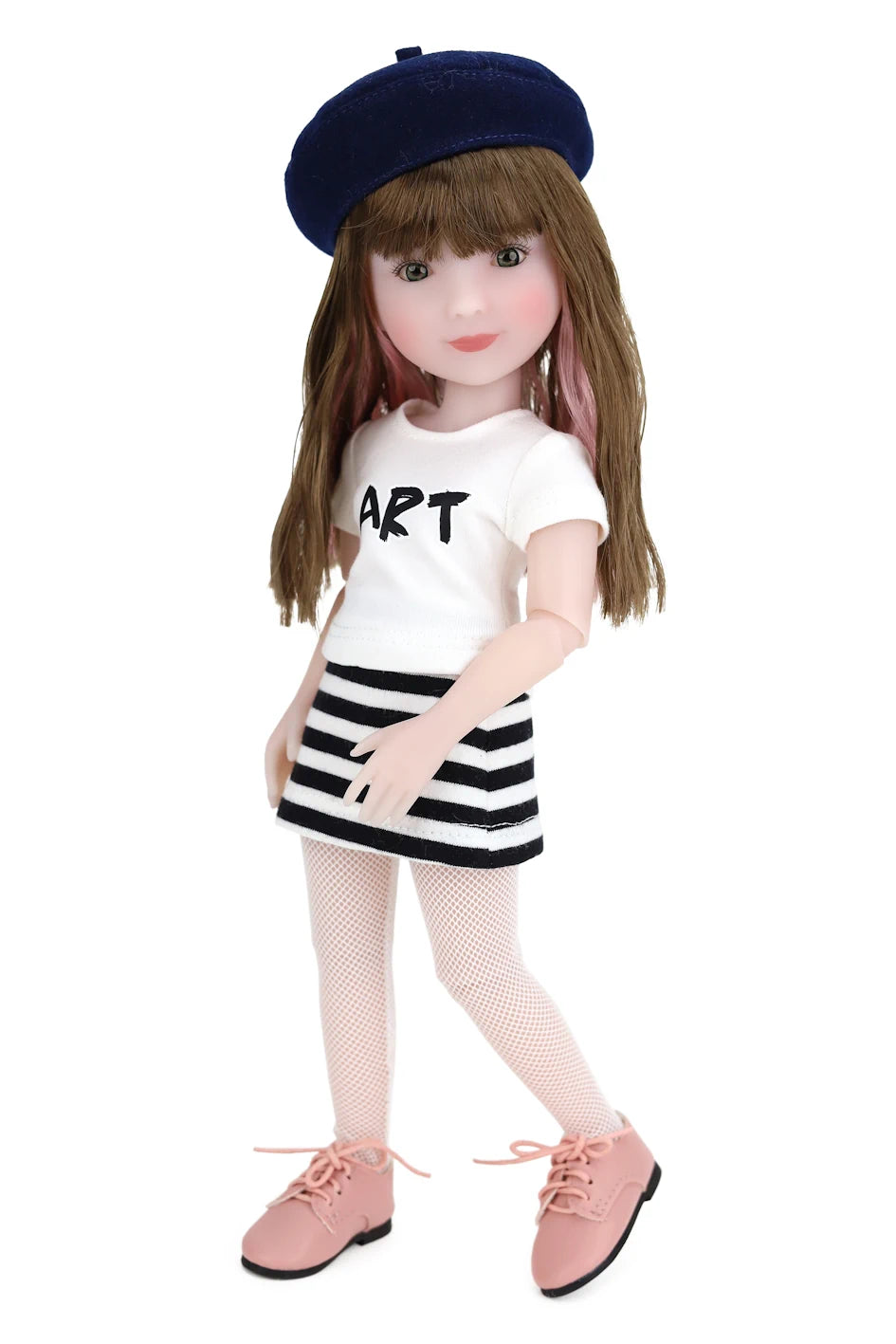 Sunny wearing a white shirt with 'ART' printed on it, striped skirt, navy beret, and pink shoes on a white background.