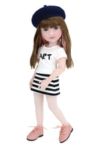 Sunny wearing a white shirt with 'ART' printed on it, striped skirt, navy beret, and pink shoes on a white background.