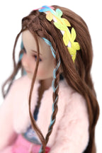 Close-up of a Ella with braided hair and a colorful headband on a white background