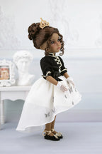 Esther in a black and white outfit with a crown on a white background