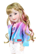 Sara, blonde hair with pink highlights, in tie-dye jacket, pink shirt, lace pants, hand in pocket, white background.