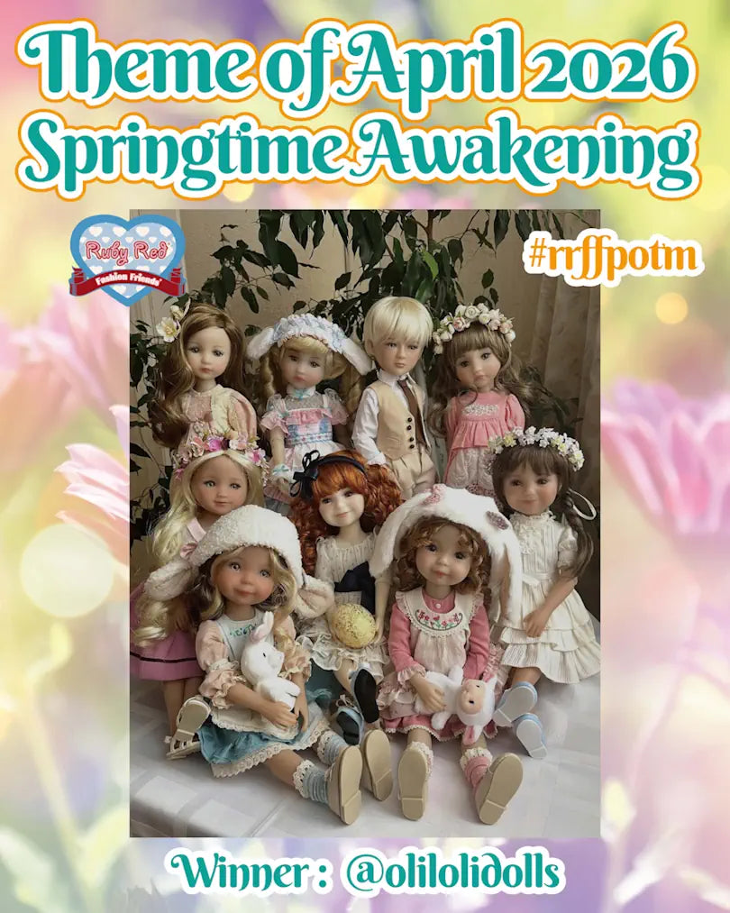 Collection of dolls with spring-themed outfits on a floral background, featuring text about a theme for April 2026.