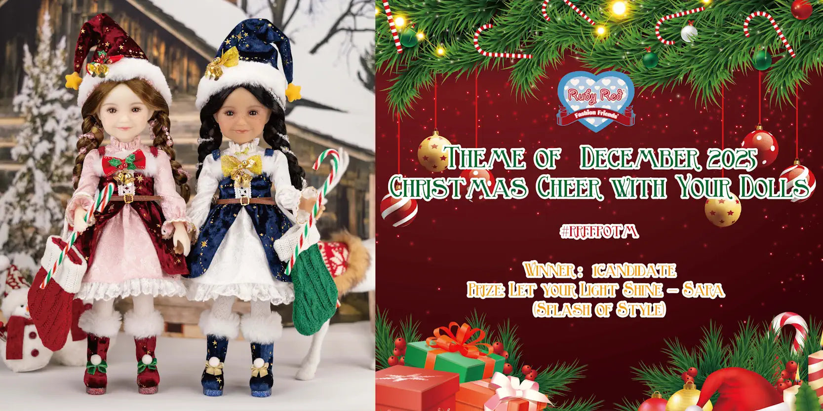 Two dolls in Christmas outfits with a festive background featuring text and decorations.