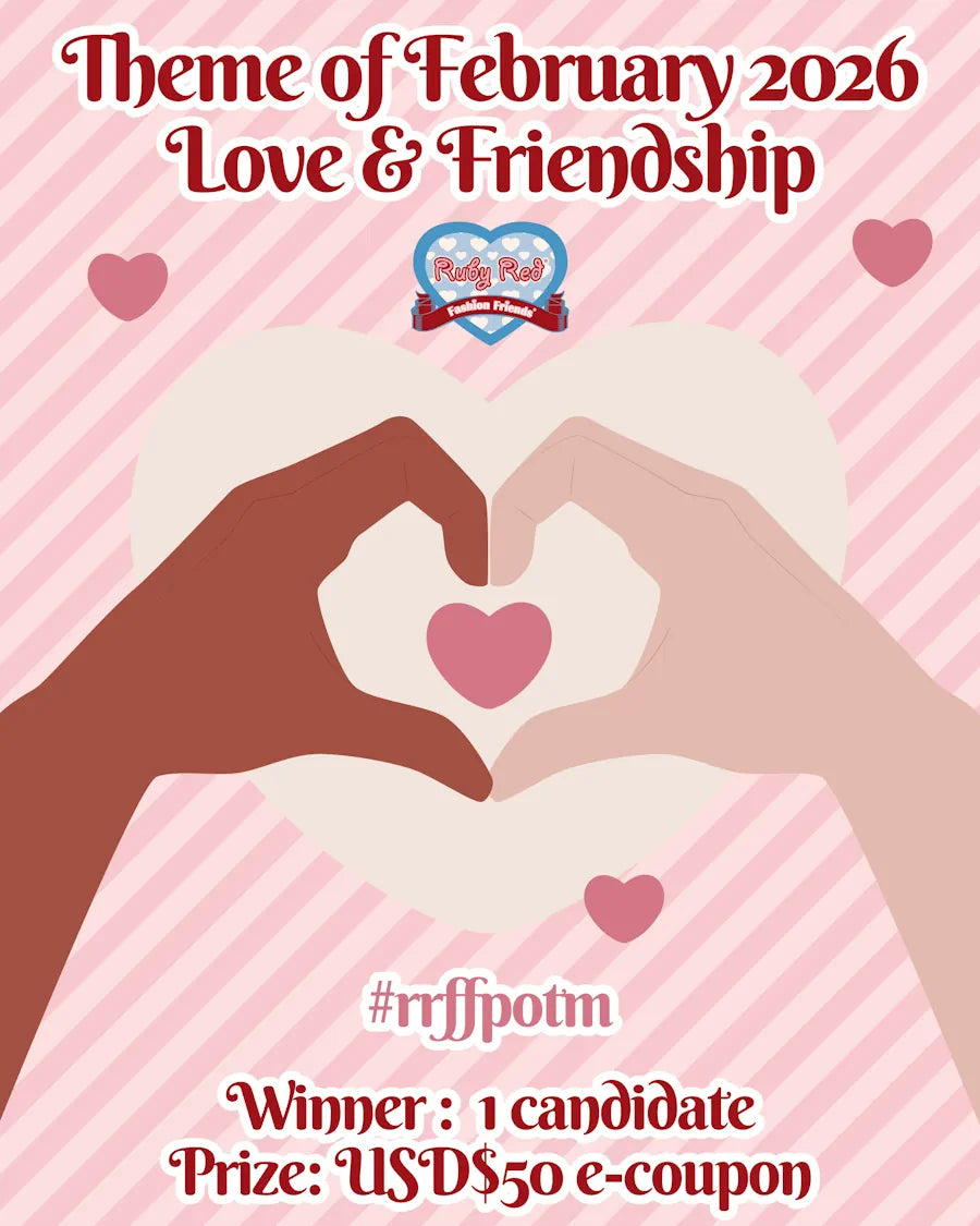 Promotional poster for 'Love & Friendship' theme with hands forming a heart shape on a pink striped background.
