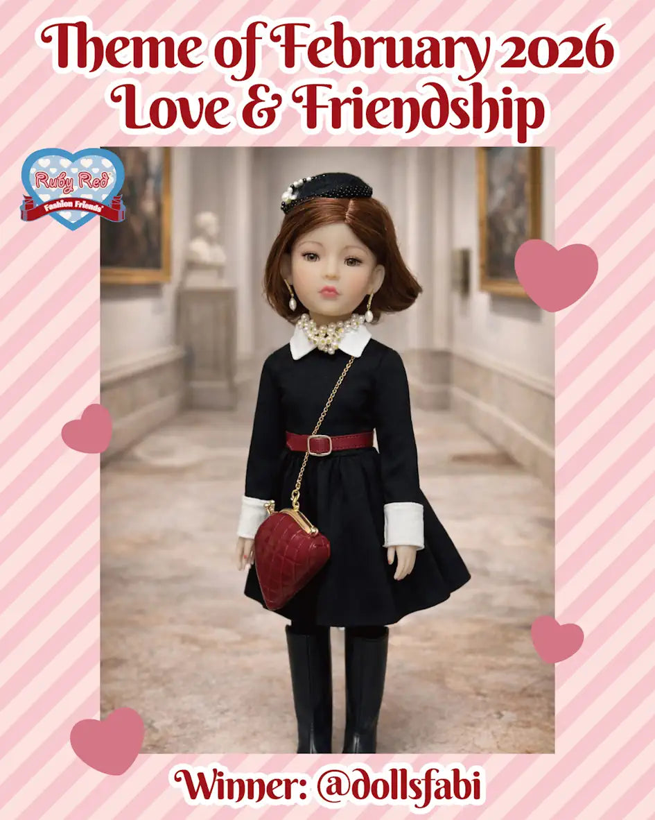 Doll in a black dress with a red heart bag on a pink and white striped background with 'Theme of February 2026 Love & Friendship' text.