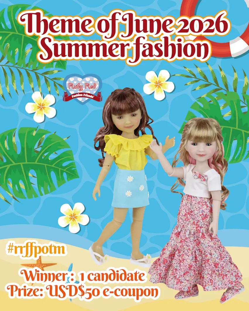 Promotional poster for 'Theme of June 2026 Summer fashion' with two dolls on a beach background.