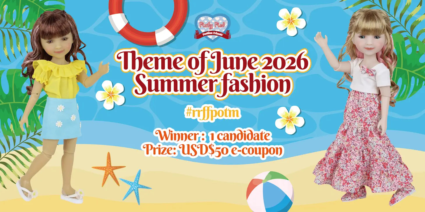 Two dolls on a beach with summer fashion theme and promotional text.
