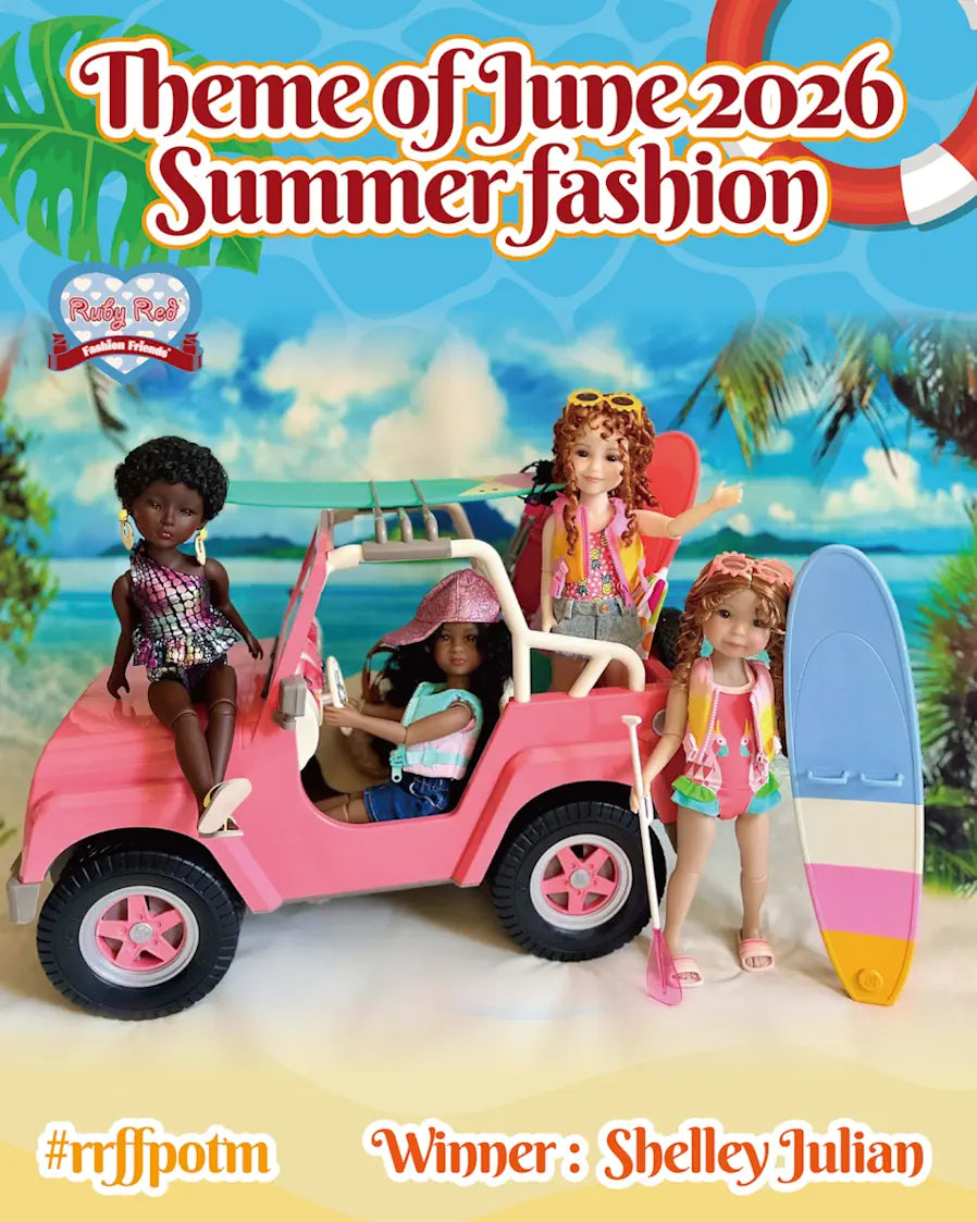 A promotional graphic for a doll playset featuring a pink toy jeep, four dolls in beach-themed outfits, a surfboard, and tropical beach scenery. Large text reads 'Theme of June 2026 Summer fashion' with a heart logo and the winner name 'Shelley Julian' at the bottom.