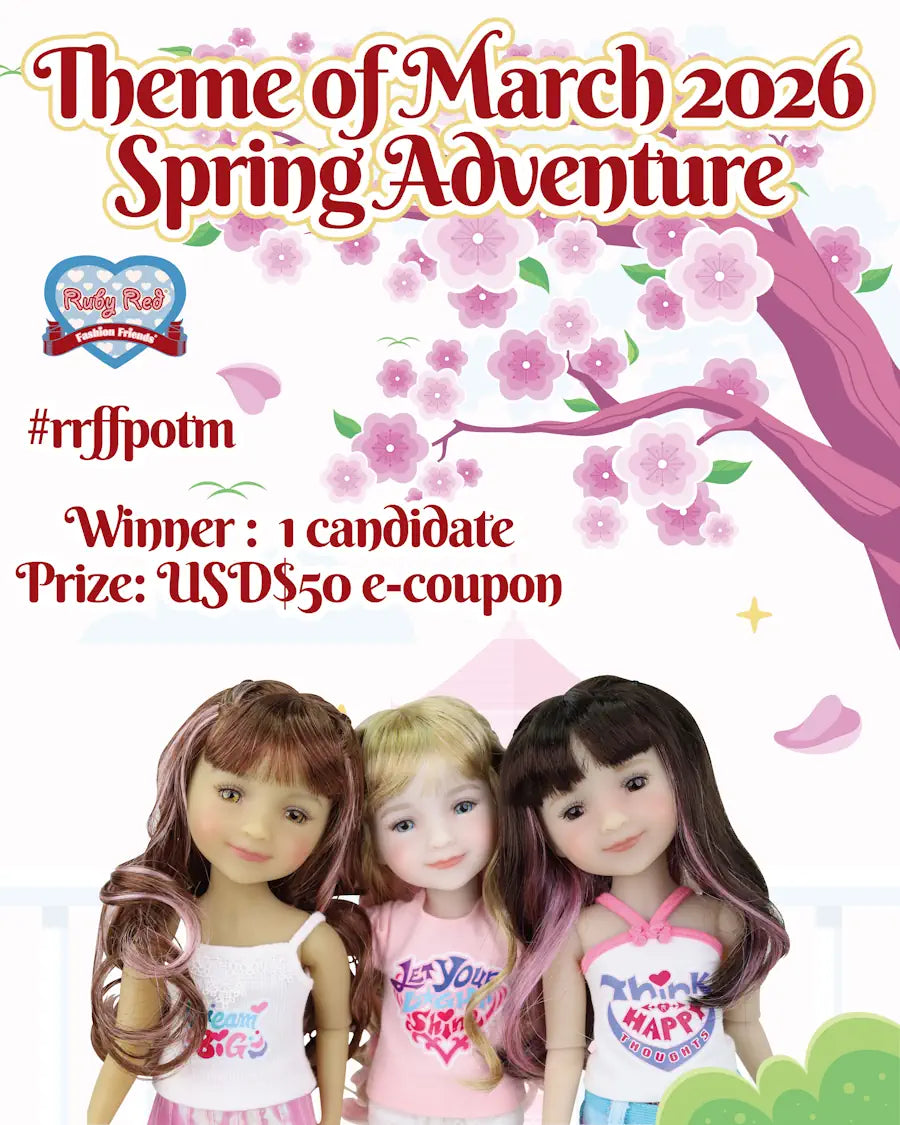 Promotional poster for a contest with dolls and cherry blossoms, featuring the theme 'Spring Adventure' for March 2026.