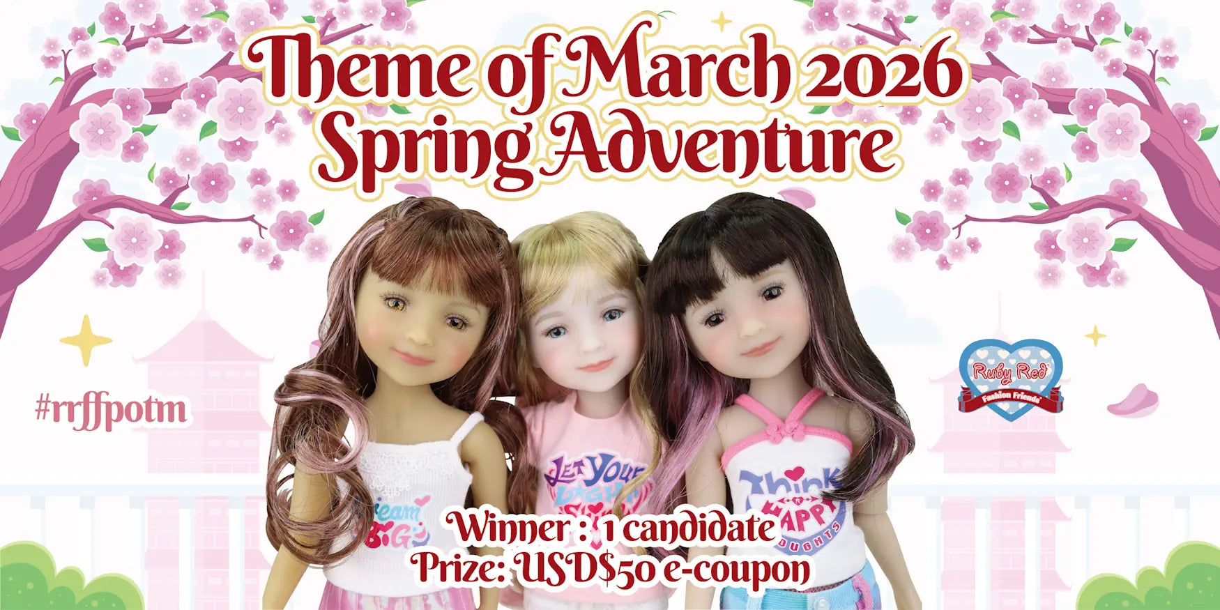 Three dolls with a cherry blossom background and text about March 2026 Spring Adventure theme.