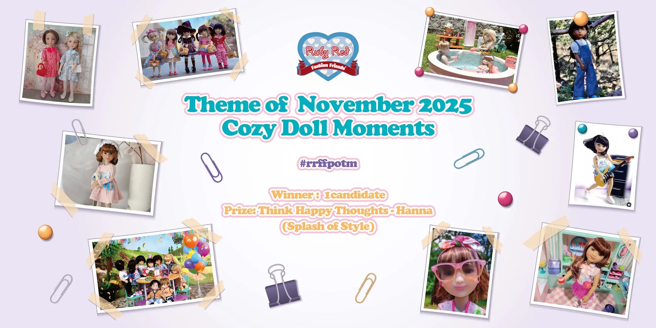 Promotional banner for November 2025 photo of the month theme featuring dolls and photos on a light purple background.