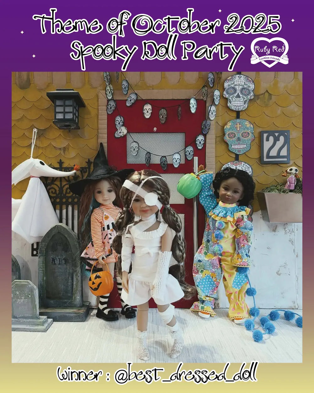 Three dolls in Halloween costumes standing in front of a decorated Halloween-themed backdrop with text overlay.
