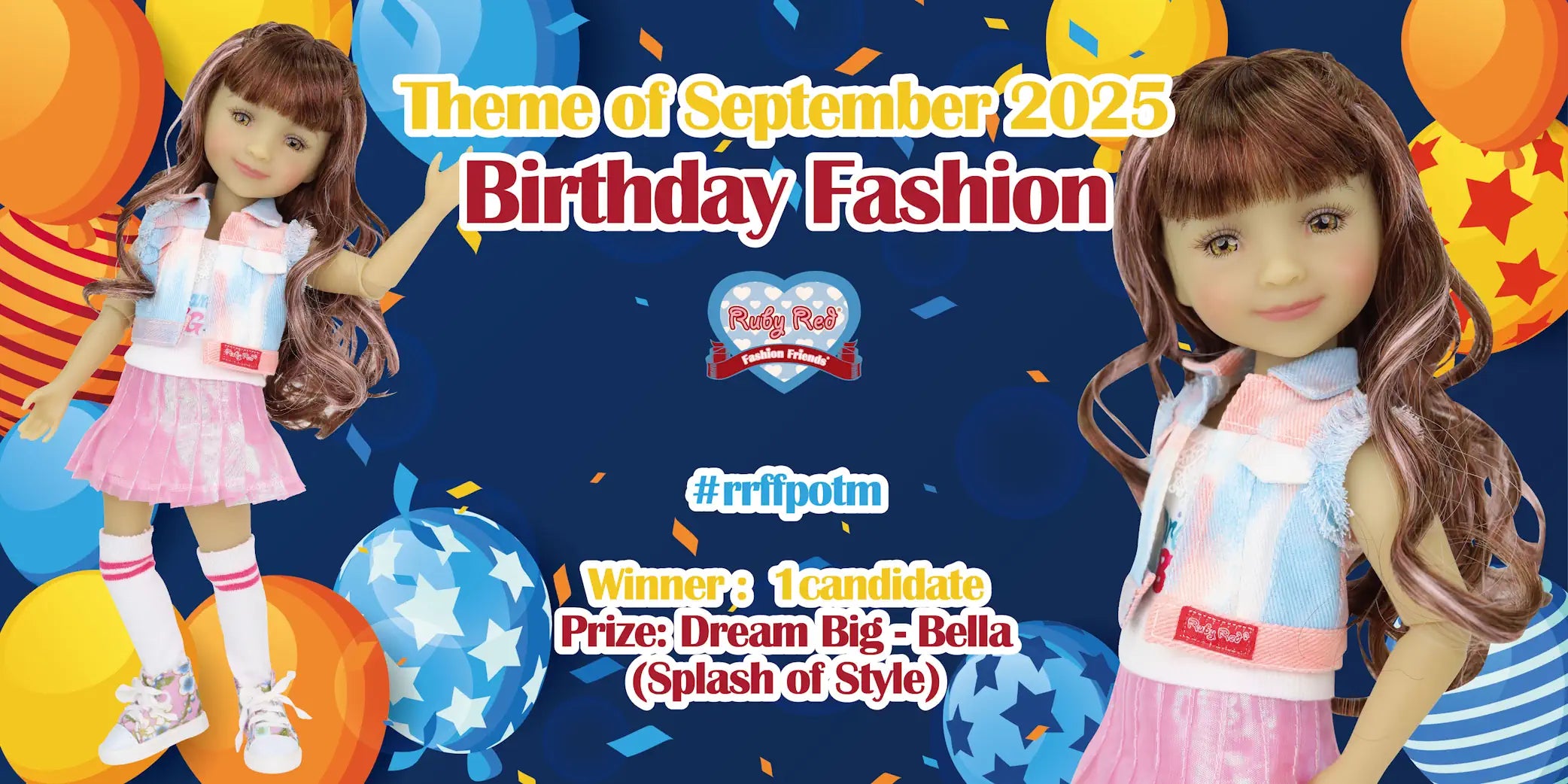 Promotional banner for a doll-themed birthday fashion photo contest with colorful balloons and text.