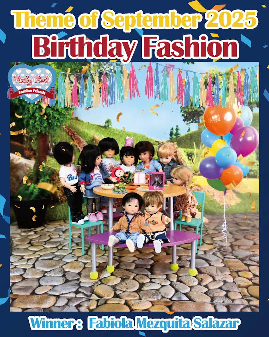 Photo fo the month September 2025 Winner with theme 'Birthday Fashion'. Photo featuring dolls and balloons.