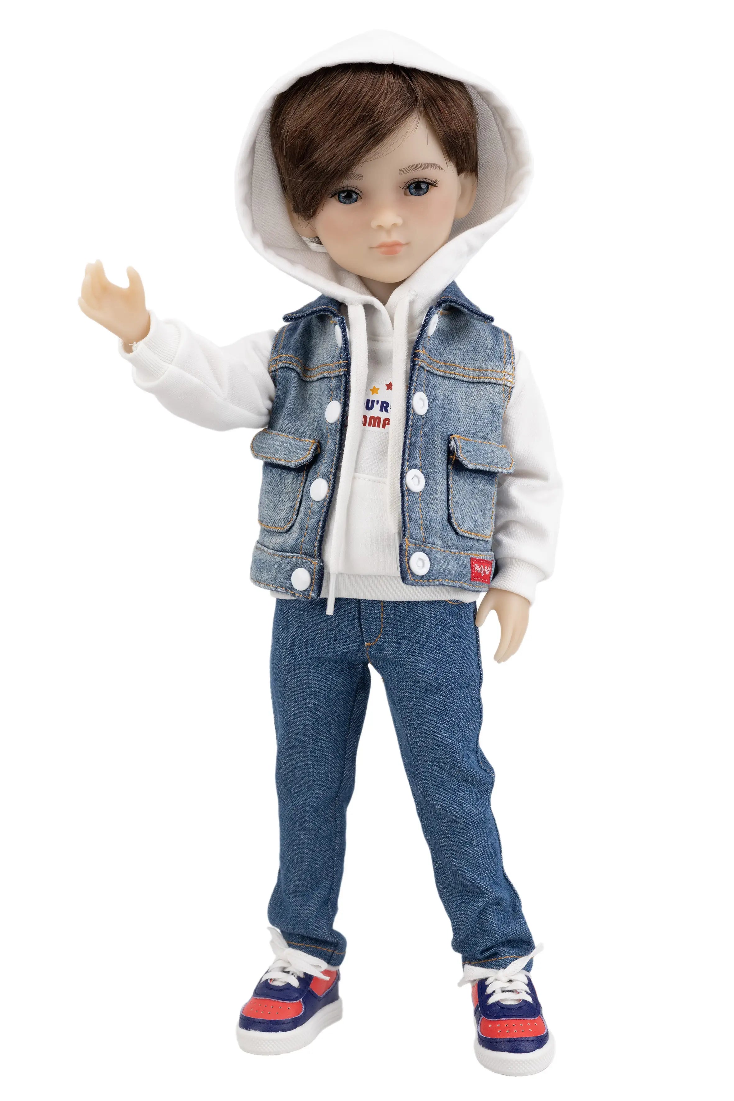 Doll wearing a white hoodie with a denim vest and blue jeans on a white background
