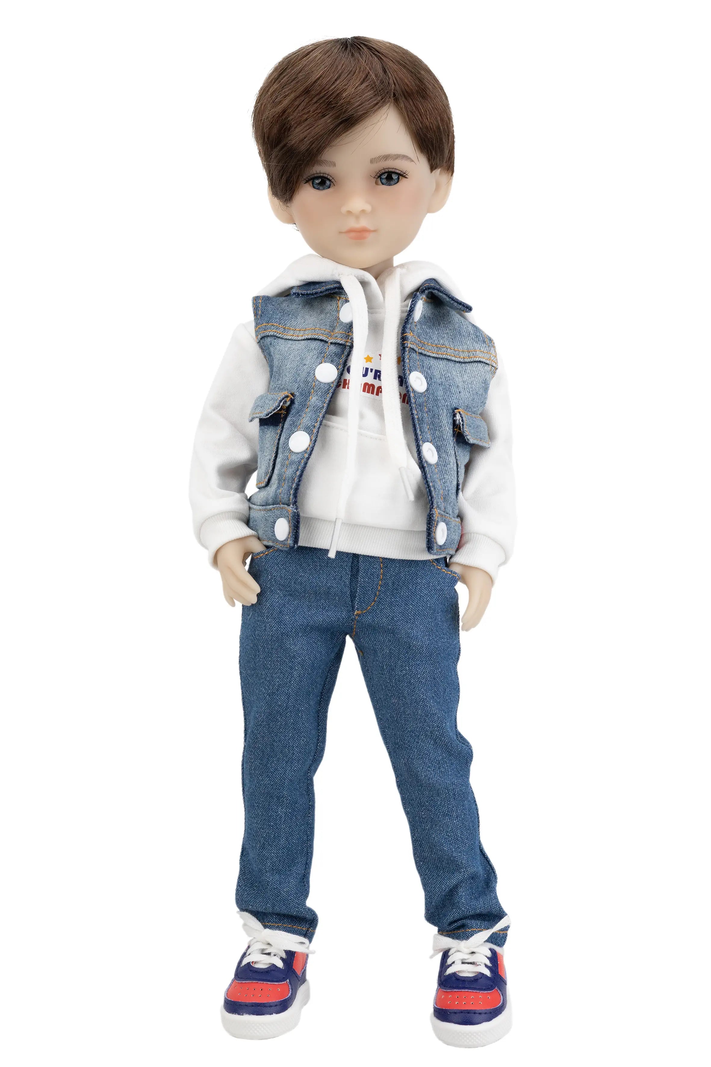 Doll wearing a denim vest, white hoodie, blue jeans, and colorful sneakers on a white background