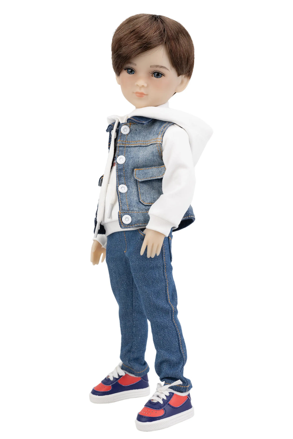 Doll wearing a denim outfit with a white shirt on a white background
