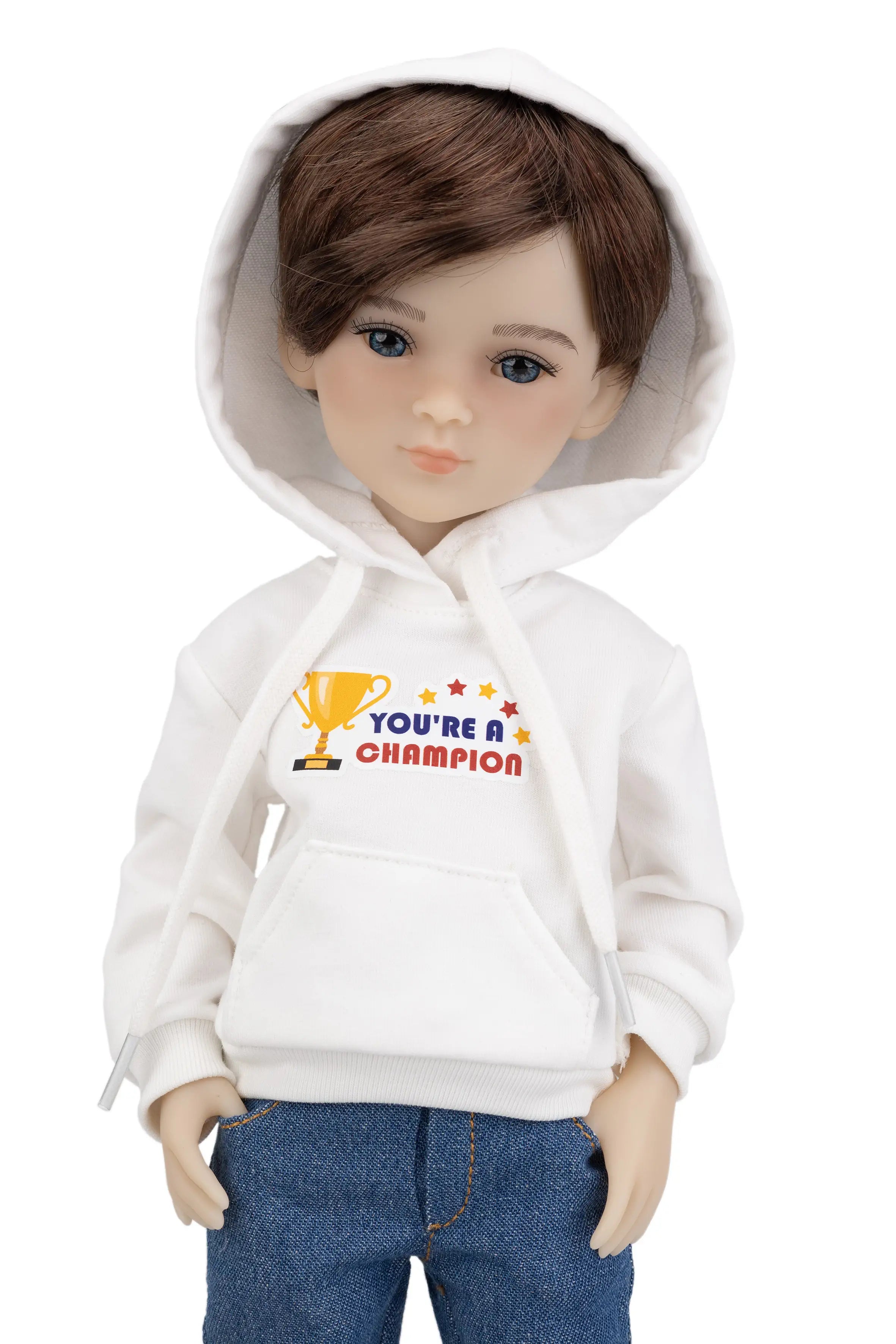 Doll wearing a white hoodie with 'You're a Champion' text and graphics on a white background