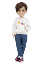 Doll wearing a white hoodie with text and blue jeans on a white background
