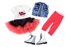 Doll clothing set with t-shirt, skirt, jacket, pants, and boots on a white background
