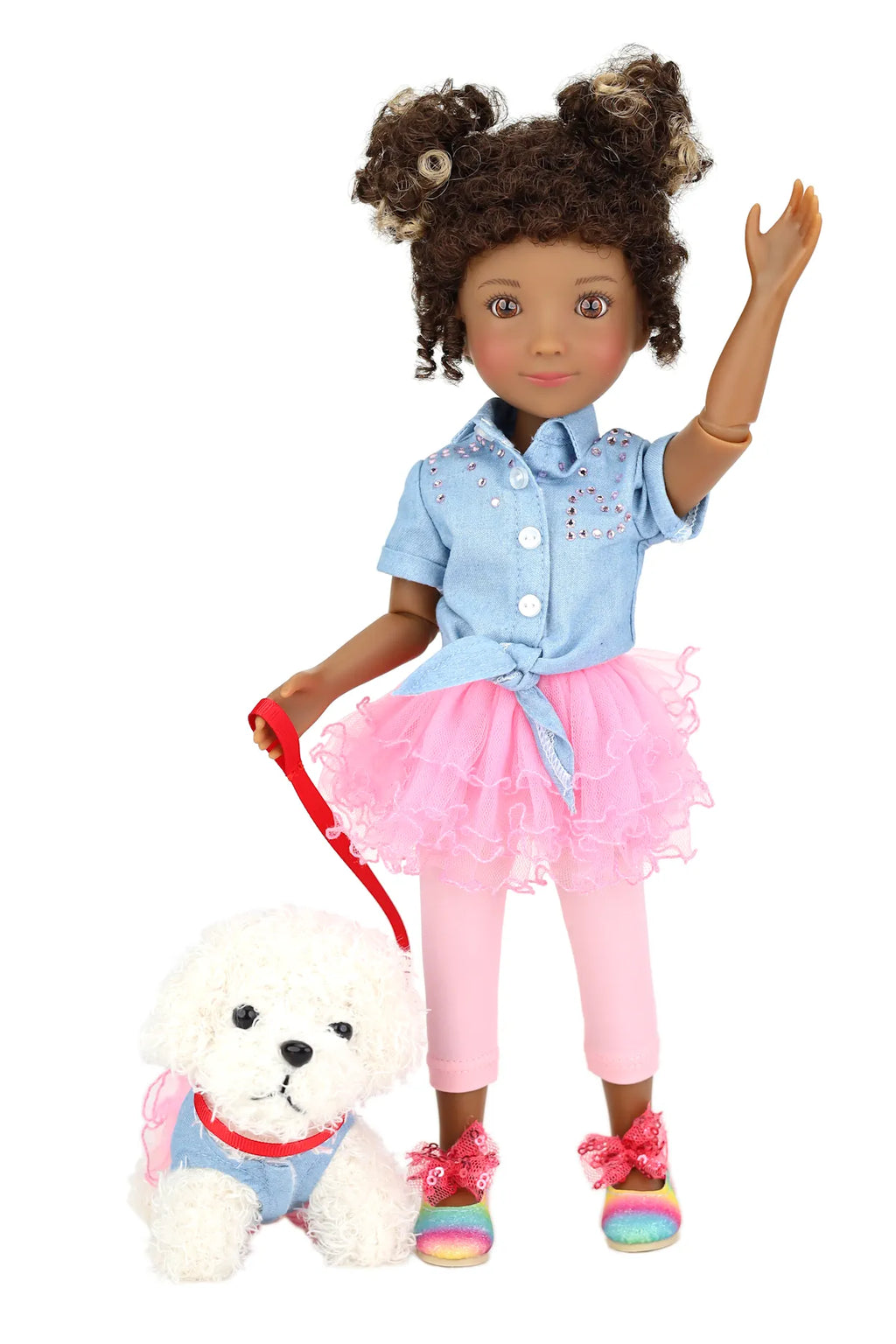 Doll with curly hair, blue shirt, pink skirt, and white dog on a white background