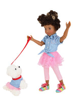 Doll with pink outfit and white dog on a white background